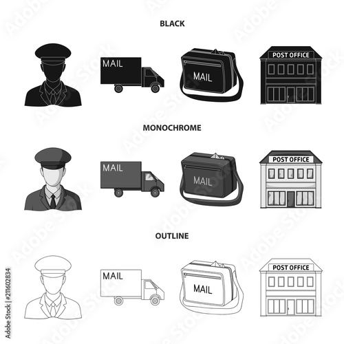 The postman in uniform, mail machine, bag for correspondence, postal office.Mail and postman set collection icons in black,monochrome,outline style vector symbol stock illustration web.