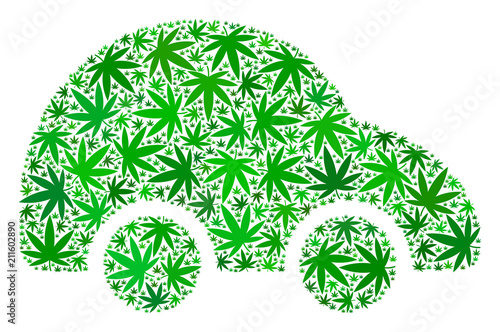 Car composition of hemp leaves in various sizes and green tones. Vector flat cannabis leaves are organized into car composition. Narcotic vector design concept.