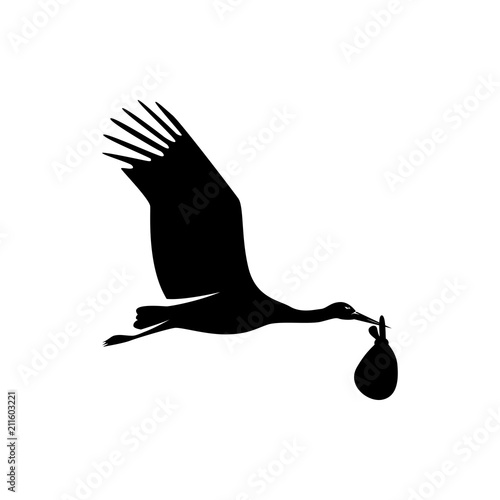 vector flying stork with baby silhouette