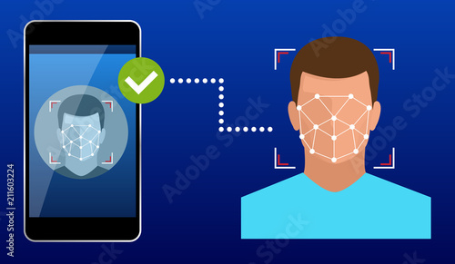 Unlocking smartphone with biometric facial identification, biometric identification, facial recognition system concept. Vector illustration for business, infographic, banner