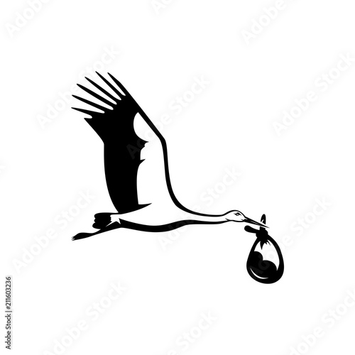 vector flying stork with baby silhouette
