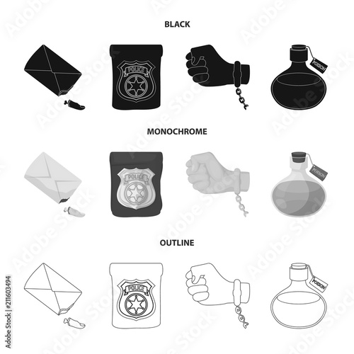 The detective badge, the handcuff on the criminal hand, the stump of the finger in the bag, the flask with the poison. Crime and detective set collection icons in black,monochrome,outline style vector