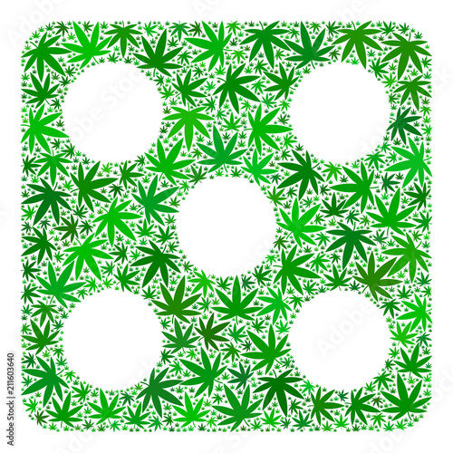 Dice composition of hemp leaves in variable sizes and green tinges. Vector flat hemp symbols are combined into dice figure. Herbal vector illustration.