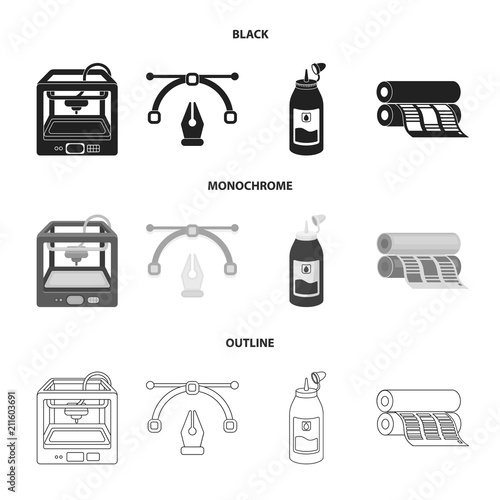 3D printer, newspaper printer, ink, pen. Typography set collection icons in black,monochrome,outline style vector symbol stock illustration web.