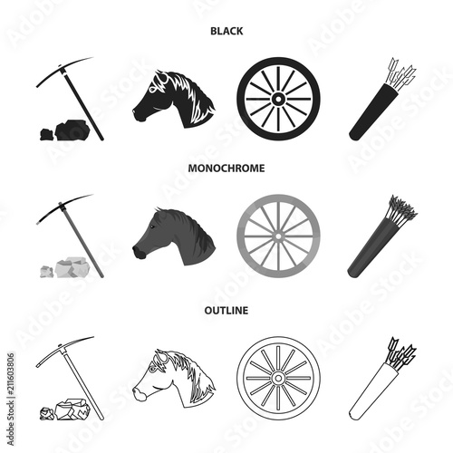 Pickax hoe, horse head, wheel cart, quiver with arrows.Wild west set collection icons in black,monochrome,outline style vector symbol stock illustration web.
