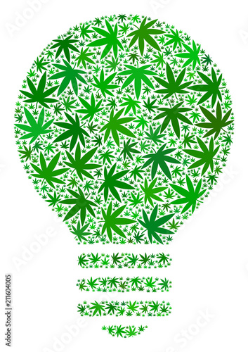 Electric bulb composition of weed leaves in different sizes and green shades. Vector flat weed symbols are composed into electric bulb collage. Addiction vector design concept.