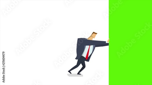 Businessman pushiung frame and chasing green screen away. Animated editing transition. Flat animation, isolated.