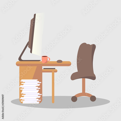 Brown Computer, Cup with Drink on Desk in Office