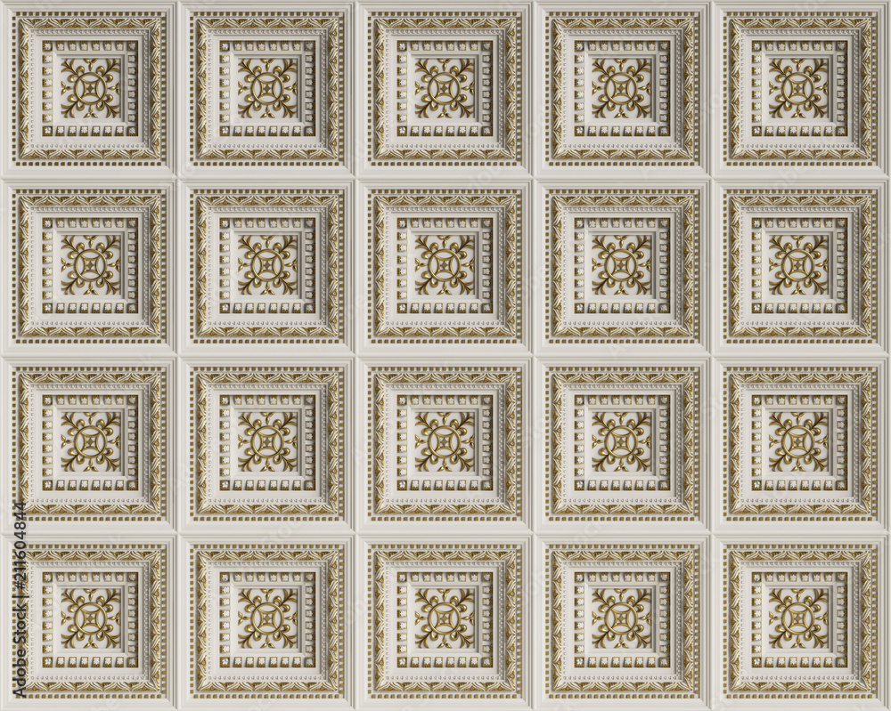 Classic interior flat caisson ceiling.White and gold decoration Stock  Illustration | Adobe Stock