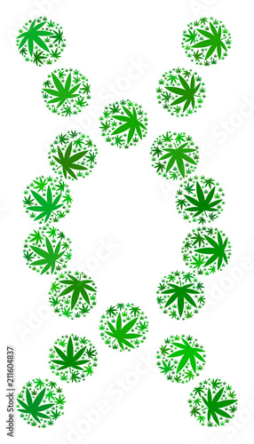 Genome mosaic of weed leaves in different sizes and green shades. Vector flat weed icons are grouped into genome collage. Drugs vector illustration.