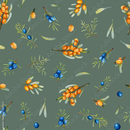 Watercolor juniper and sea buckthorn branches seamless pattern, hand painted on a grey background
