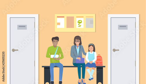 Man and Females in Hospital Vector Illustration