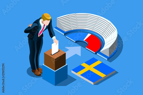 Sweden election voting concept with characters. Isometric people, Swedish man putting vote in the ballot box. Flat Isometric character illustration. Landing page for web.