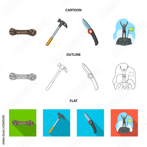 Climber on conquered top, coil of rope, knife, hammer.Mountaineering set collection icons in cartoon,outline,flat style vector symbol stock illustration web.
