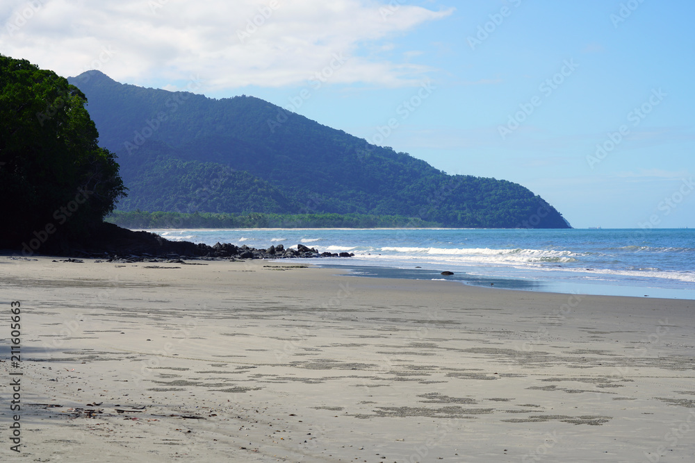 Beach on the coast of Cape Tribulation on the Coral Sea in Far North Queensland, Australia, north of Port Douglas Beach on the coast of Cape Tribulation on the Coral Sea in Far North Queensland, Australia, north of Port Douglas