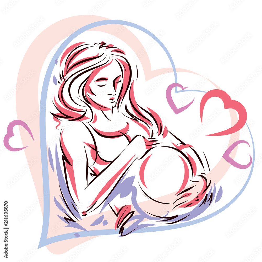 Pregnant woman elegant body silhouette placed in decorative heart shape frame, sketchy vector illustration. Love and gentle feeling concept. Pregnant woman elegant body silhouette placed in decorative heart shape frame, sketchy vector illustration. Love and gentle feeling concept.