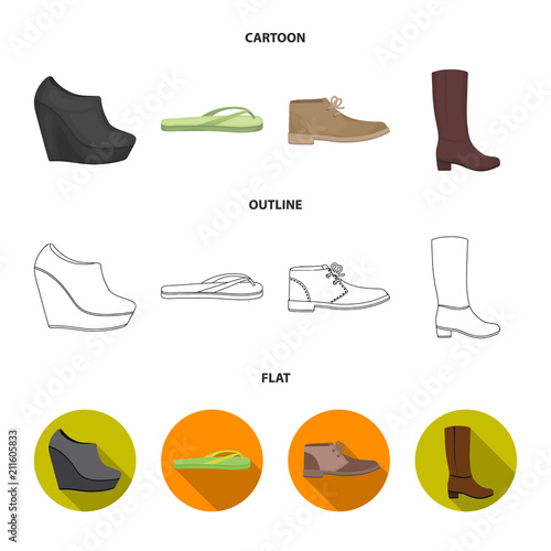 Autumn black shoes on a high platform, flip-flops green for relaxation, sandy men autumn shoes, high brown boots. Shoes set collection icons in cartoon,outline,flat style vector symbol stock