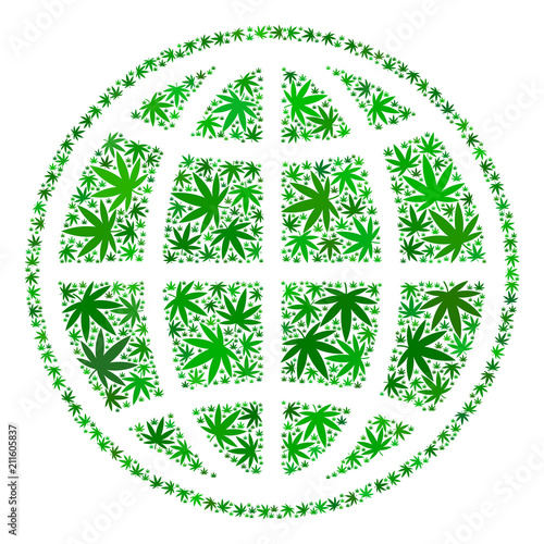 Internet composition of cannabis leaves in different sizes and green tints. Vector flat cannabis leaves are united into internet figure. Herbal vector illustration.
