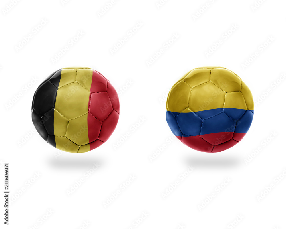 football balls with national flags of belgium and colombia.