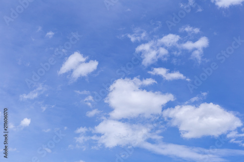 Blue sky background with white clouds  rain clouds on sunny summer or spring day.