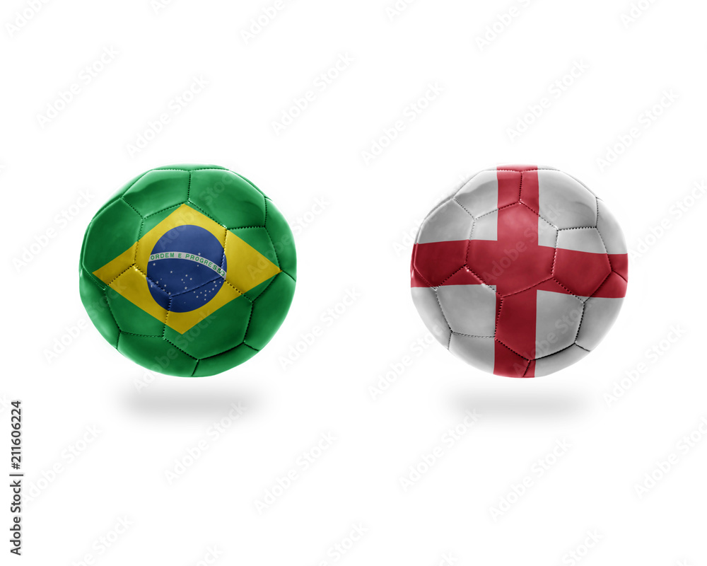 football balls with national flags of brazil and england. football balls with national flags of brazil and england.