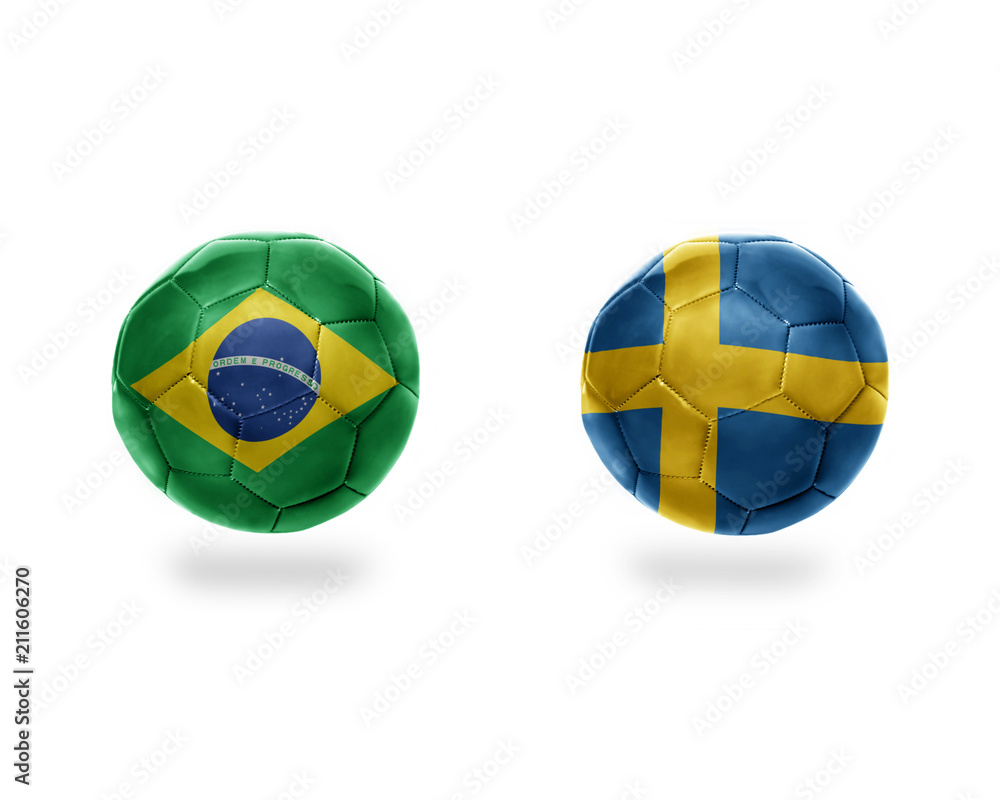 football balls with national flags of brazil and sweden.
