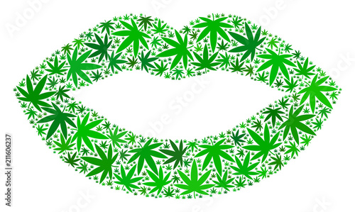 Lips kiss smiley collage of marijuana leaves in variable sizes and green tints. Vector flat marijuana symbols are grouped into lips kiss smiley shape. Addiction vector design concept.
