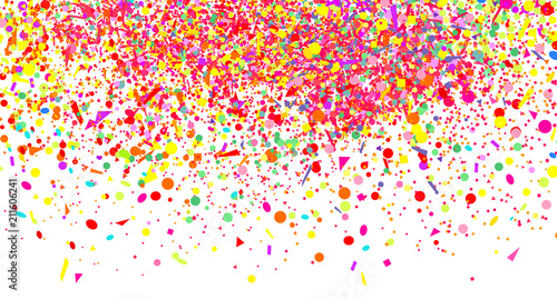 Wallpaper with multicolored confetti on white. Pattern for design. Background with glitters. Print for polygraphy, posters, banners and textiles. Greeting cards. Explosion. Firework