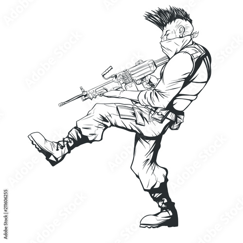 Offender with a machine gun in his hands on a white background
