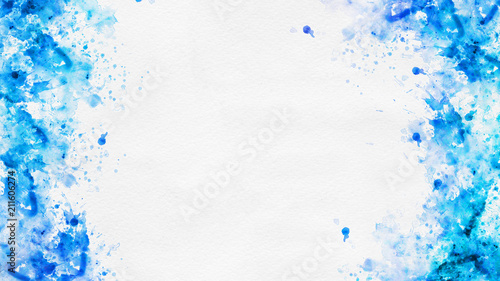 Abstract blue paint splatter borders on white