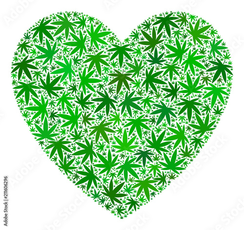 Love heart mosaic of weed leaves in variable sizes and green tinges. Vector flat weed items are grouped into love heart mosaic. Addiction vector illustration.