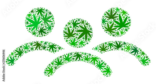 Man group mosaic of hemp leaves in variable sizes and green tones. Vector flat hemp items are composed into man group illustration. Drugs vector illustration.