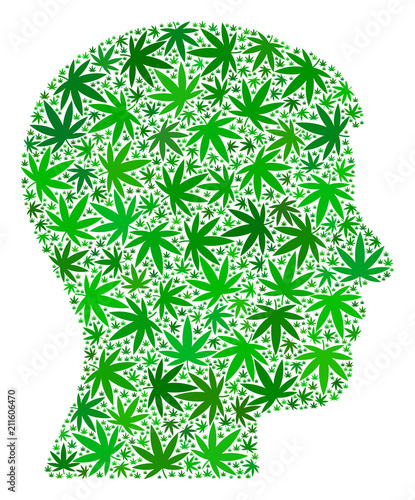 Man head profile collage of hemp leaves in variable sizes and green tints. Vector flat grass leaves are grouped into man head profile illustration. Addiction vector illustration.