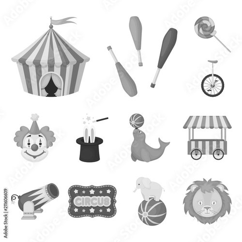 Circus and attributes monochrome icons in set collection for design. Circus Art vector symbol stock web illustration.