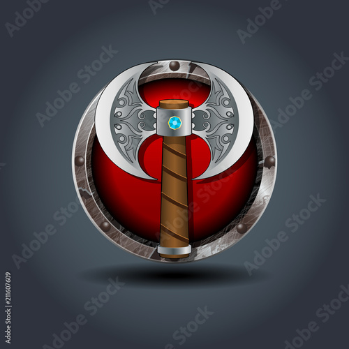 Ax of the Warrior, rusty iron rounded badge icon. For Ui Game.