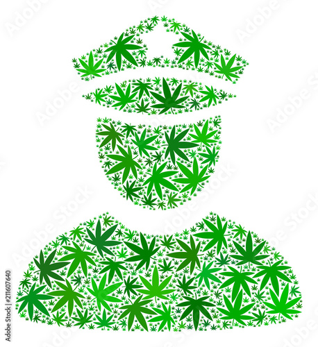 Policeman mosaic of hemp leaves in different sizes and green variations. Vector flat hemp objects are composed into policeman illustration. Herbal vector illustration.