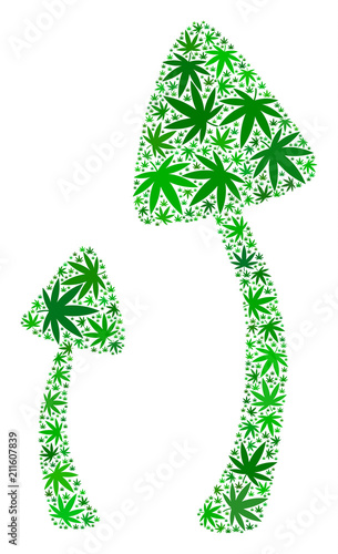 Psychedelic mushrooms composition of weed leaves in variable sizes and green tints. Vector flat weed leaves are united into psychedelic mushrooms shape. Herbal vector illustration.