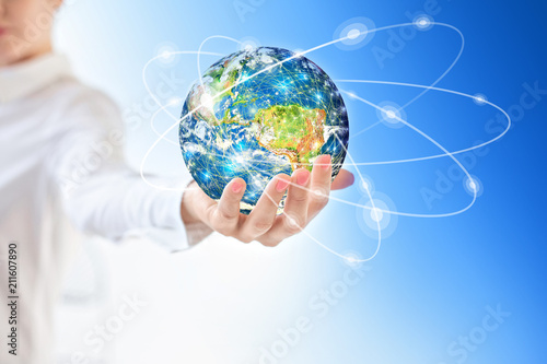 Earth from Space in hands  globe in hands Best Internet Concept of global business from concepts series. Elements of this image furnished by NASA. 3D illustration.