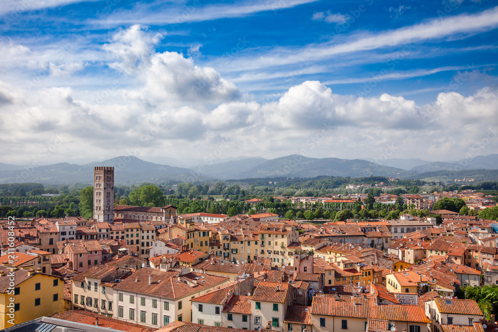 Lucca old town rooftop cityscape Tuscany Italy