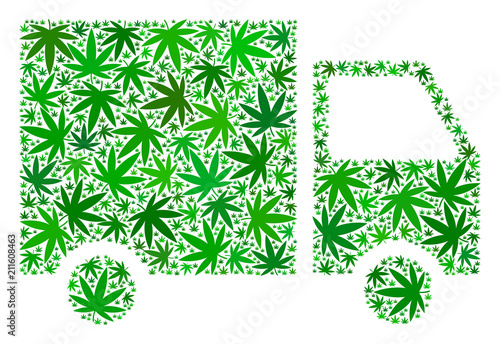 Shipment van composition of cannabis leaves in various sizes and green hues. Vector flat cannabis leaves are organized into shipment van composition. Drugs vector illustration.