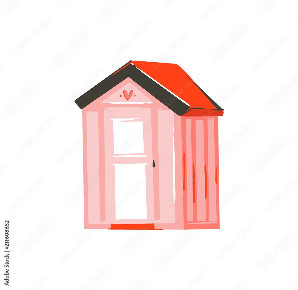 Hand drawn vector abstract graphic cartoon summer time flat illustration with pink beach cabin isolated on white background Hand drawn vector abstract graphic cartoon summer time flat illustration with pink beach cabin isolated on white background