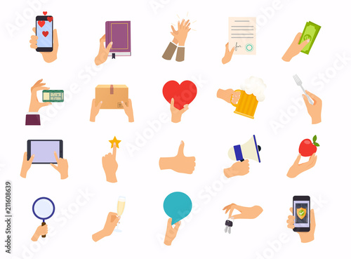 Hands in different poses. Mix hand hold  device, food, money. Flat design modern vector illustration concept.