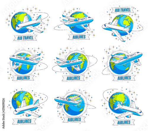 Airlines air travel emblem or illustrations with plane airliners, planet earth and ribbon with typing. Beautiful thin line vectors set isolated over white background.