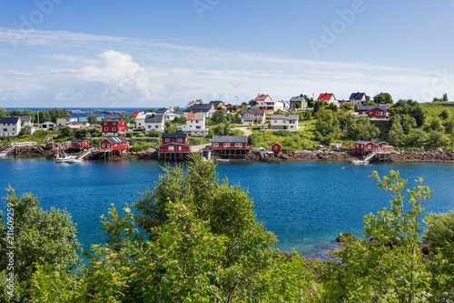 Beautiful scandinavian landscape with mountains and fjords. Panorama view of Reine village on Lofoten islands  Norway.