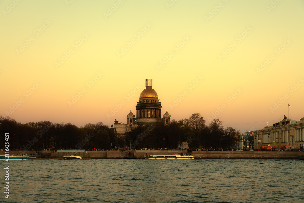 Bank of the Neva in St. Petersburg at sunset - St. Isaac's Cathedral