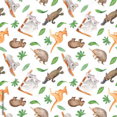Watercolor pattern with animals and plants in Australia. Seamless texture with kangaroos, koala, echidna, wombat, eucalyptus leaves. For children's maps, zoos, children's shows, wallpapers, invitation