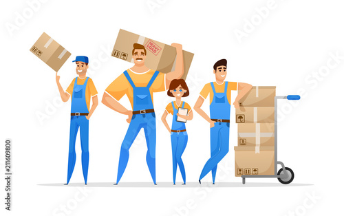 Cartoon loaders movers team with cardboard boxes