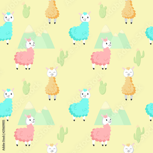 Cute alpaca with cactus vector seamless pattern