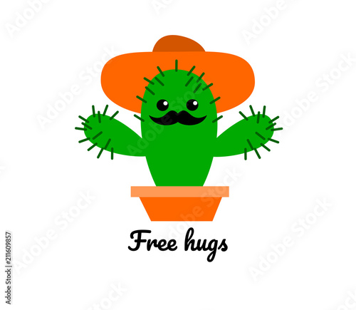 A funny illustration of a cactus with mustache and hat reglando hugs