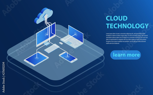 Cloud computing technology users network configuration isometric advertisement poster with pc monitor tablet phone laptop. 